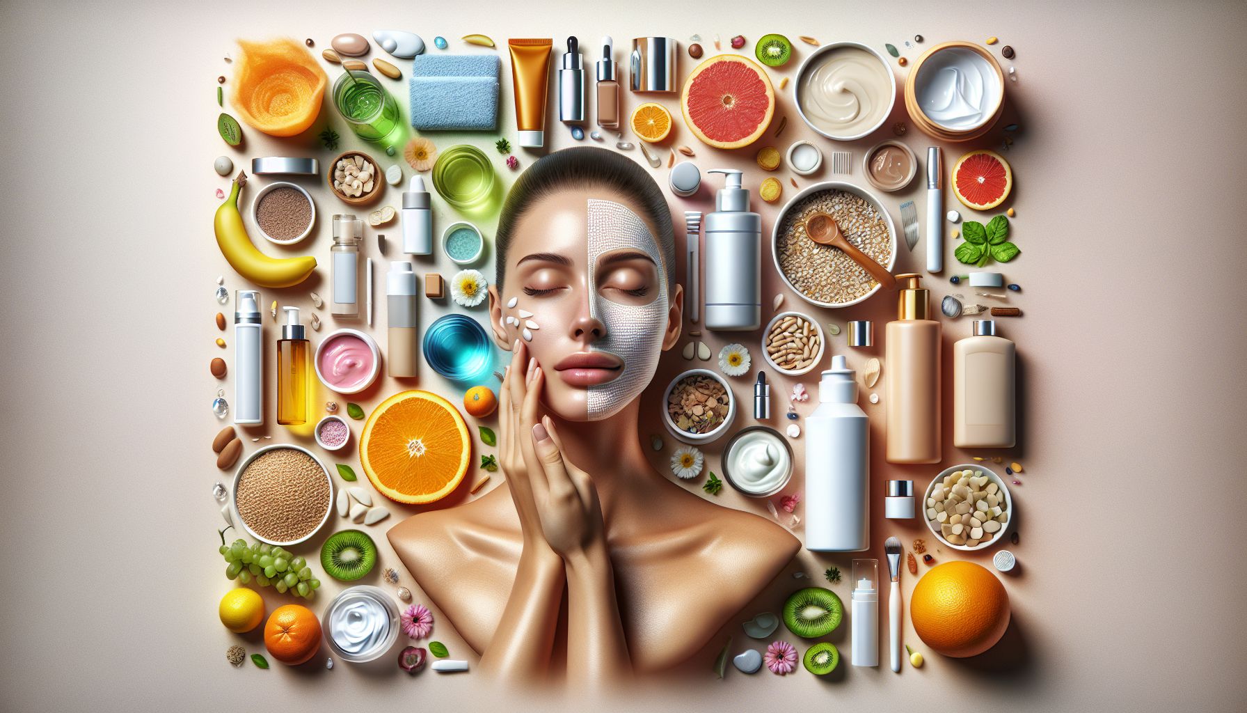 Image depicting various skin care products, including creams, serums, and sunscreen